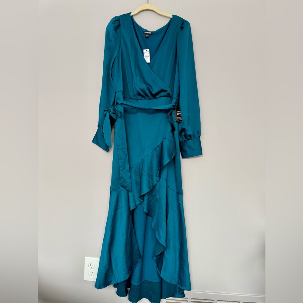 Express satin wrap dress aqua green, NWT